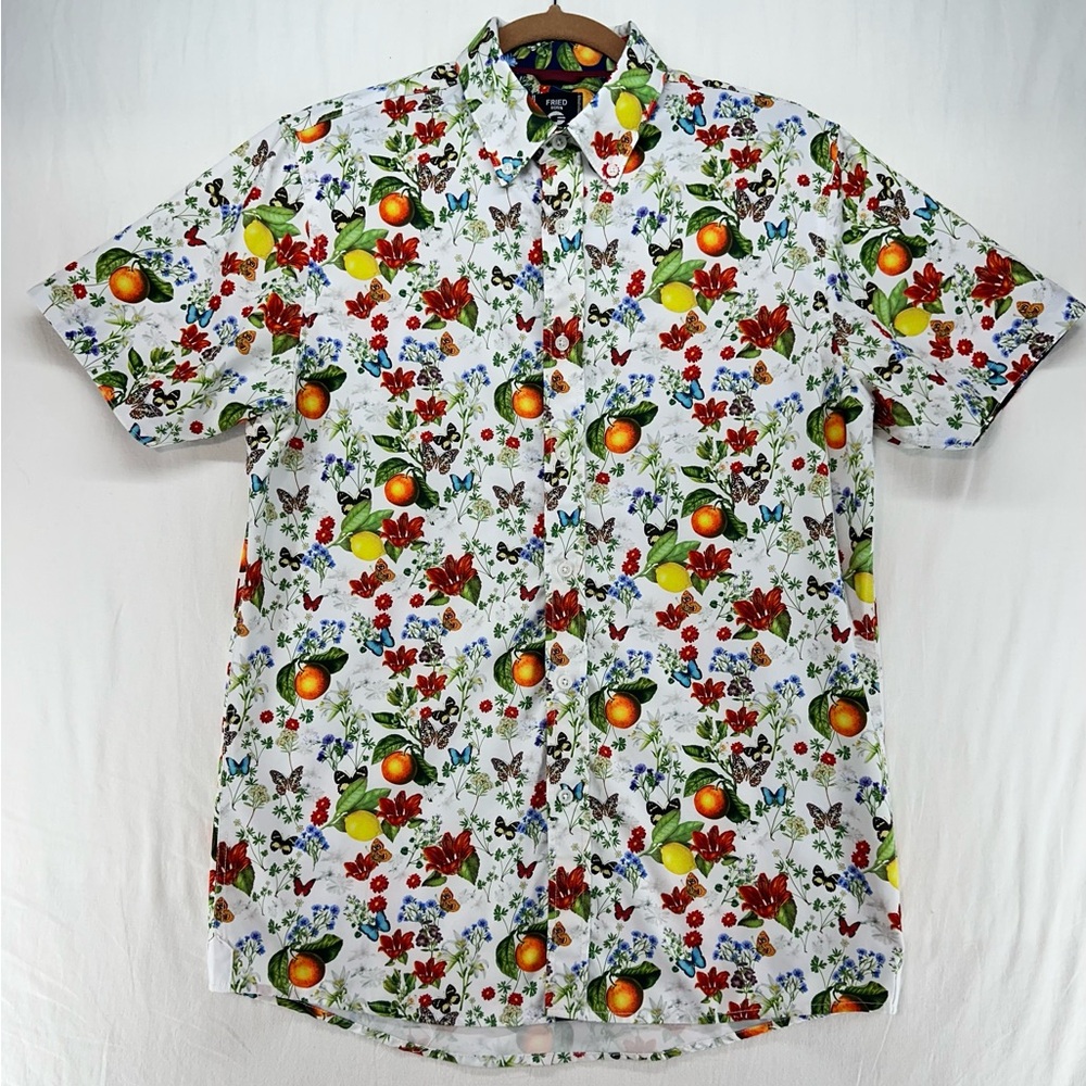 Fried Denim Shirt Floral Fruit Button Up Short Sleeve Slim Fit Tech Mens Medium